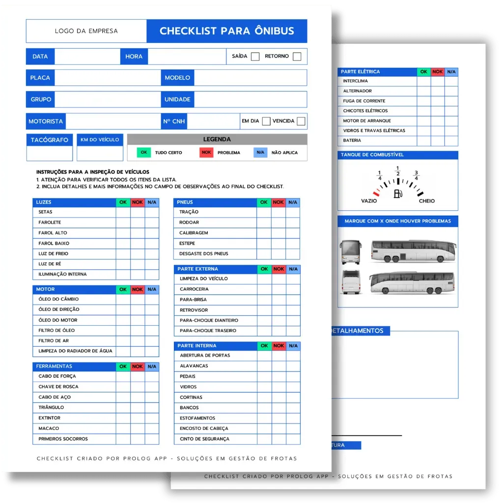 Páginas internas do modelo de checklist para Ônibus