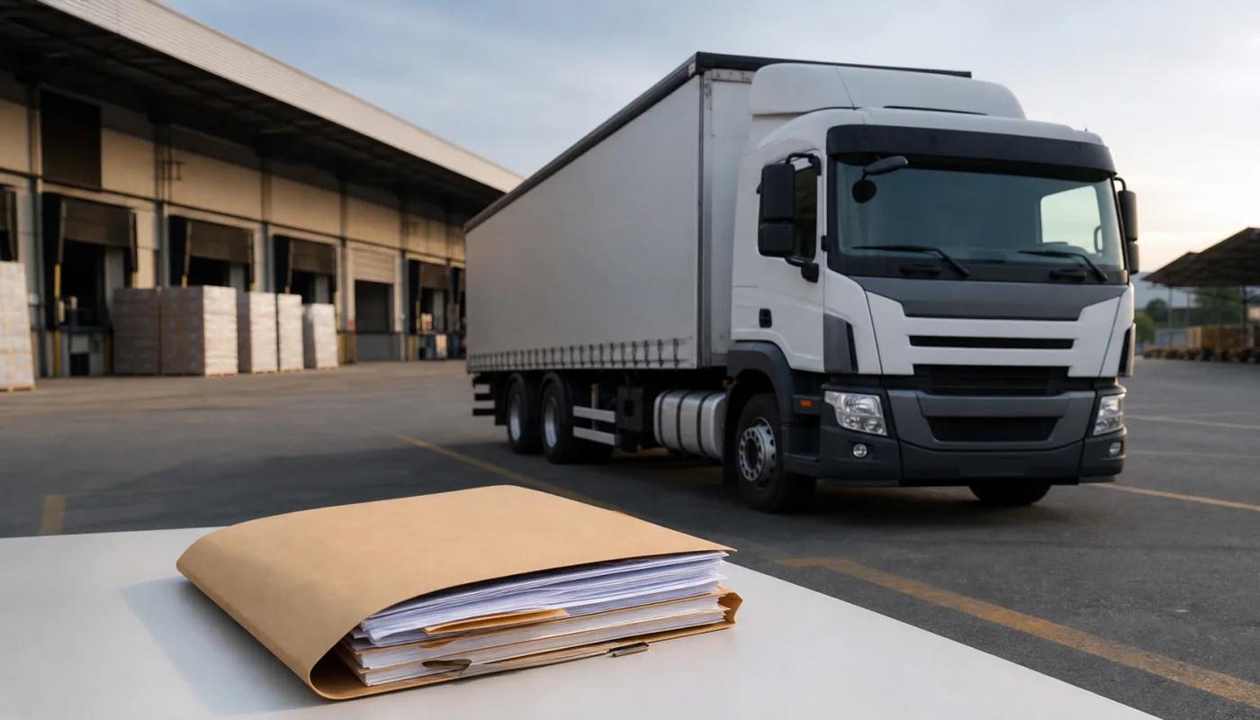 Caminhão em pátio logístico com pasta de documentos da operação em primeiro plano