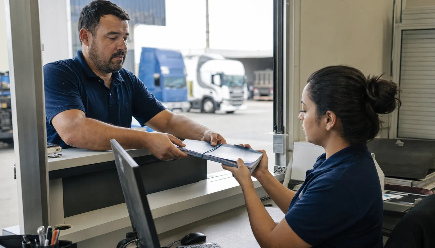 Motorista entrega pasta de documentos a analista de uniforme azul-marinho no balcão de cadastro de uma transportadora