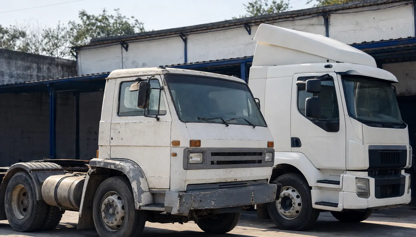 Caminhão antigo de pintura desbotada estacionado ao lado de um caminhão novo no pátio de uma transportadora, sob sol forte
