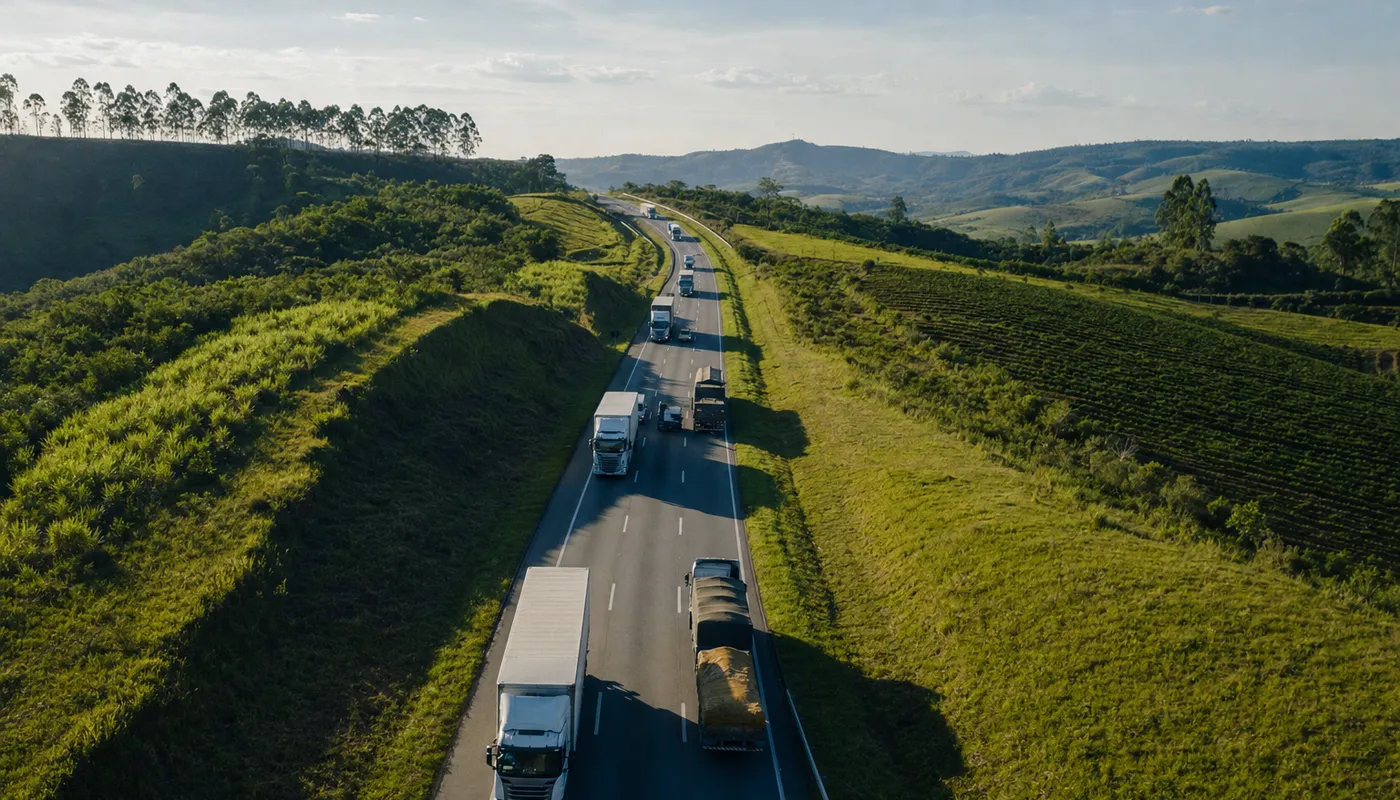 Vista aérea de rodovia de pista dupla entre morros verdes e plantações, com caminhões e carretas nos dois sentidos