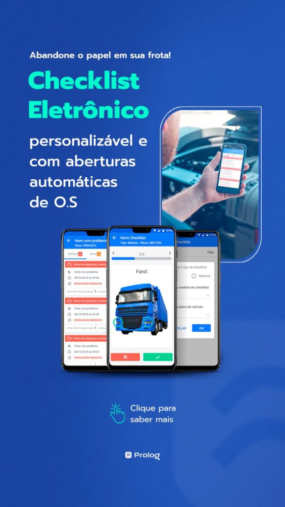 Celular com tela solução Checklist Eletrônico do Prolog App e homem utilizando o sistema.