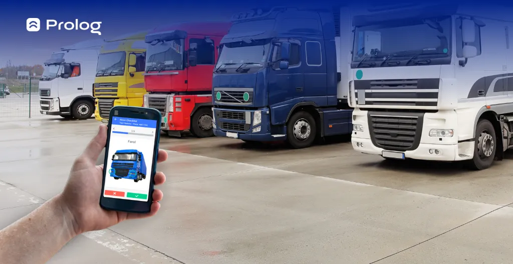 Um gestor de frotas usando o Checklist Eletrônico do Prolog, no fundo, uma frota de transporte de cargas.